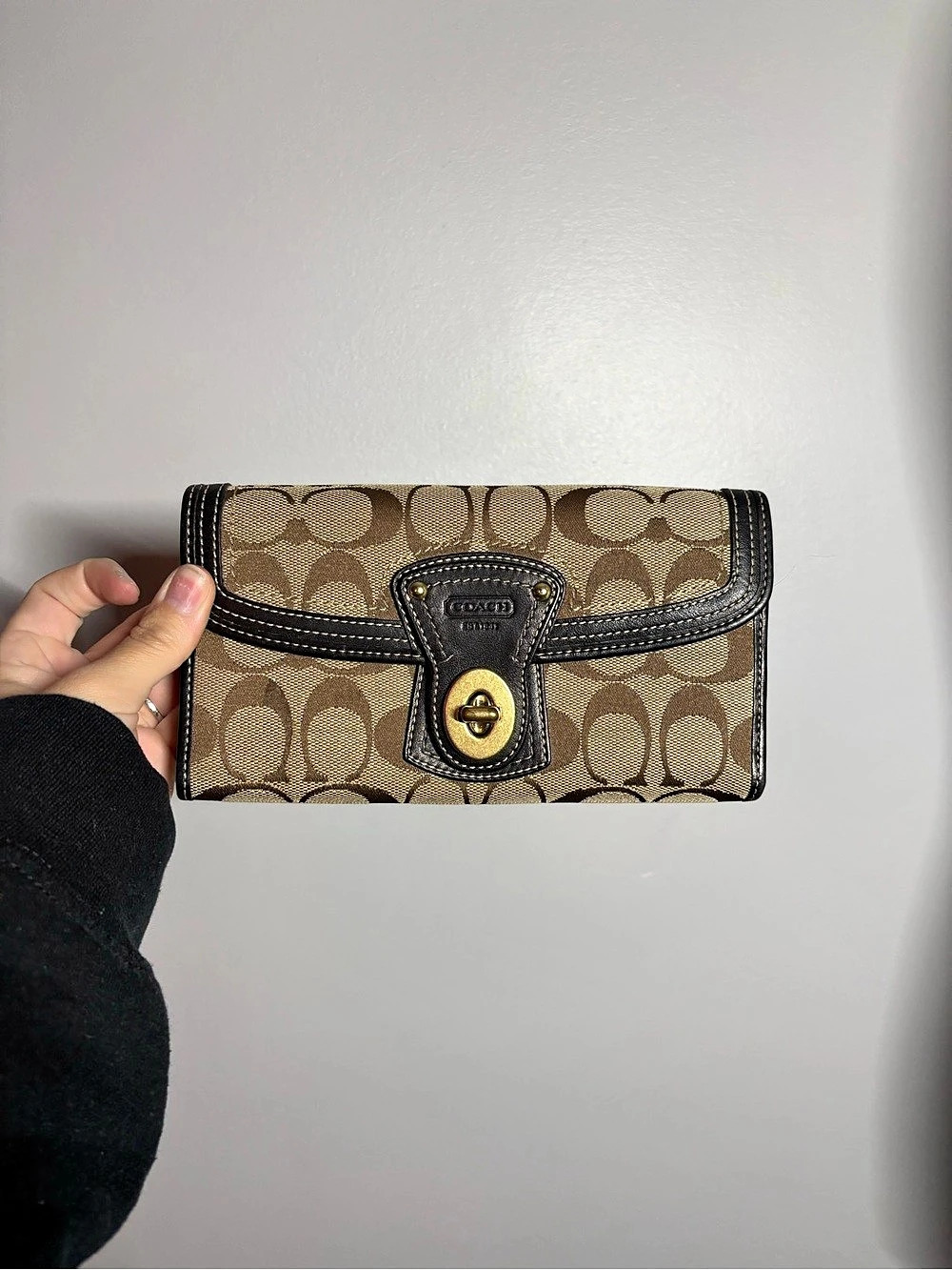 Coach Signature Turnlock Checkbook Wallet in Brown & Black